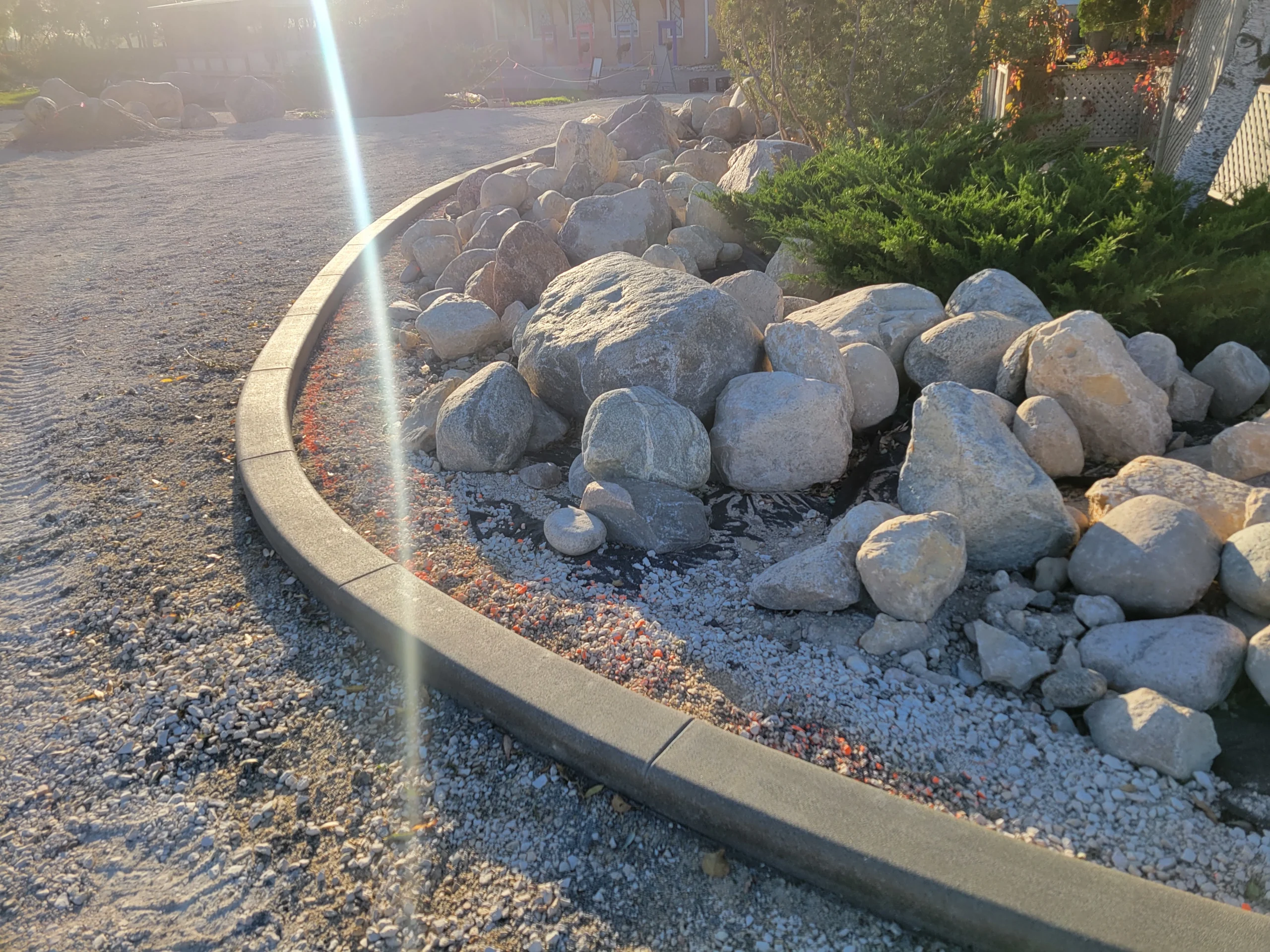 Curved charcoal concrete border edge curbing defining a decorative rock garden with large boulders and shrubs in a residential yard, installed by Maple Curbing.